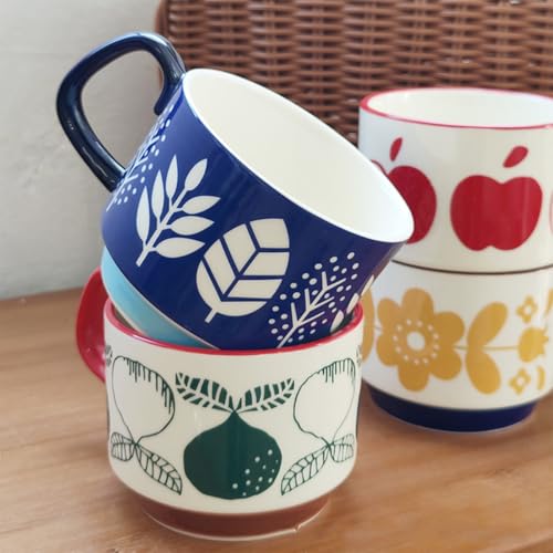 Image of Spooky Japanese Retro Ceramic Coffee Mug - 300ml Printed Stackable Cup with Handle - Hanging Design for Milk, Tea & Espresso - Ideal Gift for Couples, Home or Cafe (Blue & White - Tree)
