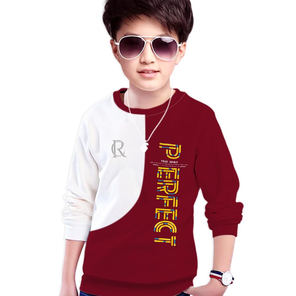 MYEONN Boys Stylish Round Neck Full Sleeve Printed T-Shirt (Maroon)-image-1