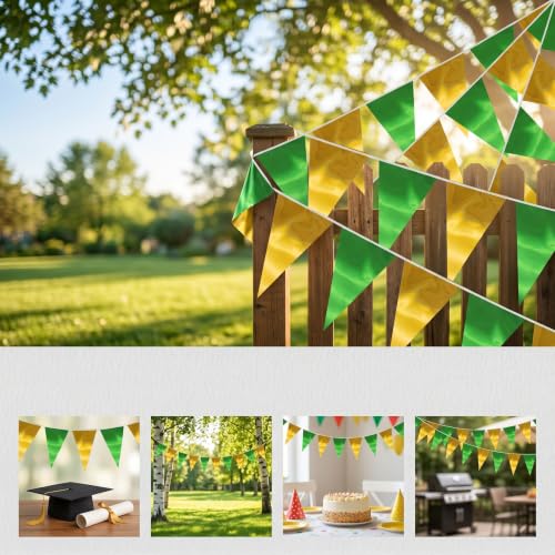 Image of 40M /130FT Green Gold Triangle Pennant Banner Flag Metallic Fabric Bunting Garland for Christmas Graduation Wedding Engagement Anniversary Bachelorette Birthday Bridal Shower Hen Party Supplies
