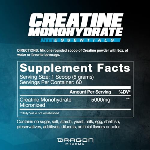 DRAGON PHARMA Bulk Creatine Monohydrate, Aid Muscle Recovery, Post-Workout Supplement, Antioxidant Support (200 Servings, Unflavored)