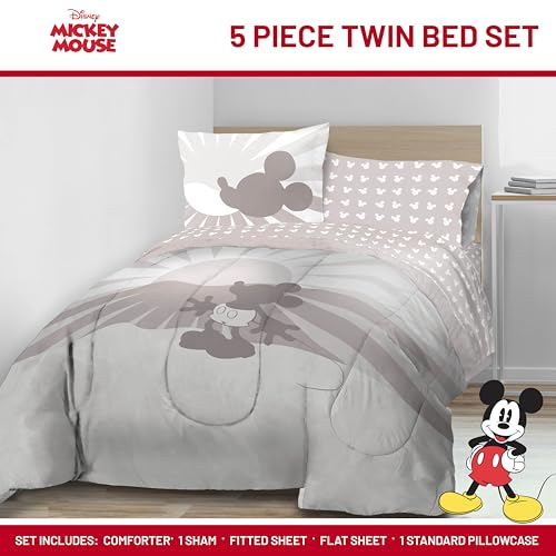 Image of Disney Mickey Mouse Twin Comforter Set 5 Piece Cartoon Bedding, Grey