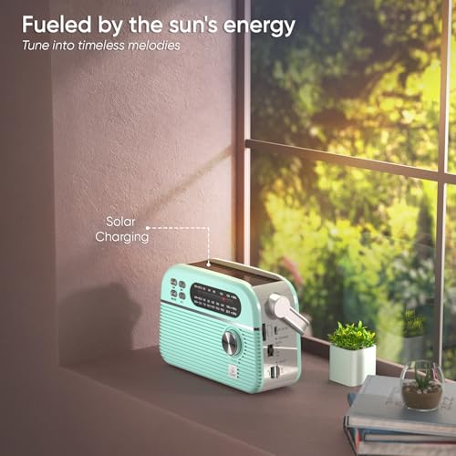Image of Trinity Solar-Powered MP3 Player & 3-Band Radio with FM /AM /SW, Retro Modern Style, Bluetooth, USB, TF /SD Card, 1200 mAh Rechargeable Battery, Solar Charger, 1 Year Replacement Warranty (Blue)