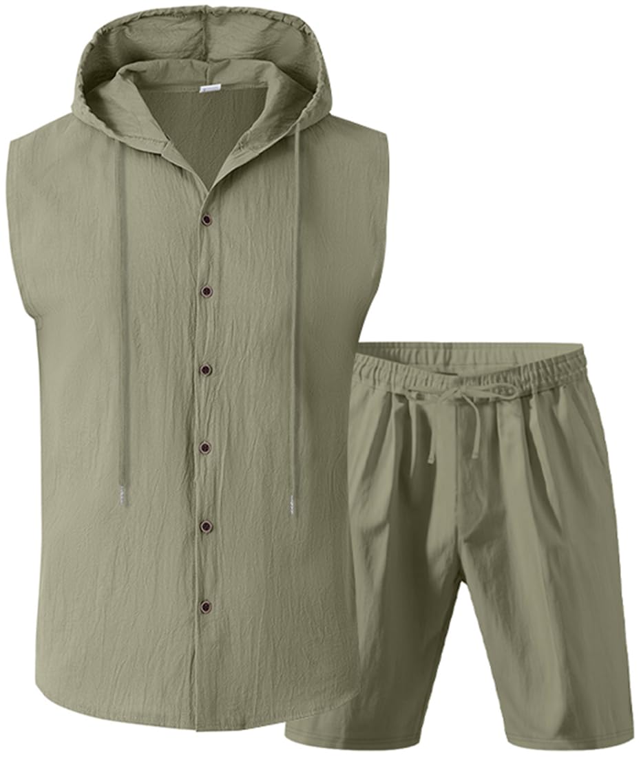 Herren Leinen Ärmelloses Kapuzenset Ärmelloses Oberteil und Shorts Sommer Strand Urlaub Set