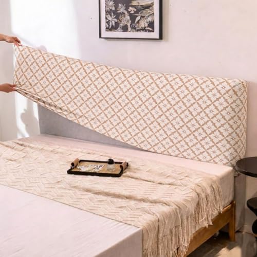 Image of HOMETHREADS 200 GSM Stretchable Jacquard Headboard Cover | Soft, Dust-Proof & Wrinkle-Resistant Bed Back Protector | Fits Leather, Wooden & Fabric Bedsides | for 3ft to 3.5ft Beds (Beige, 90x65Cm)