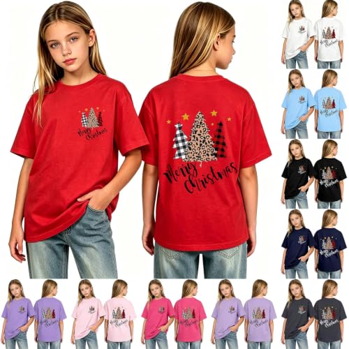 Girls Christmas Shirts Leopard Plaid Tree Print Shirt Holiday Tops Xmas Tee - image 1