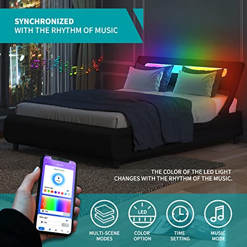 Cecer Queen Bed Frame With Led Headboard Tufted Bedroom Furniture Pvc Upholstered Platform Bed Frame Queen Size - Black #TOP2