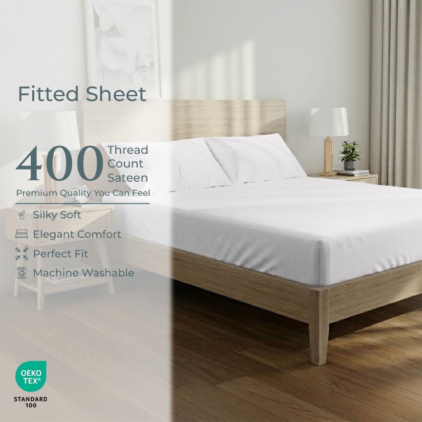 Image of Royale Linens 400 Thread Count Twin Fitted Sheet White - 100% Cotton Fitted Sheet Twin - Luxury Sateen Weave - All Around Elastic Deep Pocket - Soft & Durable Bottom Sheets - Fit Up to 16 inch (White)