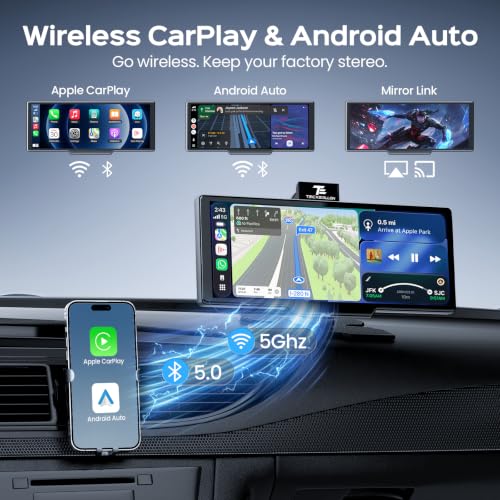 Image of TECXERLLON 10.26 inch Portable Apple CarPlay Screen for Car, Wireless Car Play & Android Auto, 4K Dash Cam and 1080P Backup Camera, OTA, GPS Navigation, Voice Control, Mirror Link