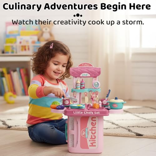 Image of StarAndDaisy Plastic 3 in 1 Portable Pretend Food Party Role Cooking Kitchen Play Set Toy for Baby, Toodlers, Boys and Girls.