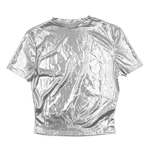 Image of Women's Shiny Metallic Short Sleeve T Shirt Sexy Mock Neck Slim Crop Top Party Disco Club Tees