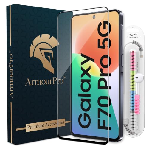 Image of ArmourPro Military-Grade Tempered Glass for Samsung Galaxy F70 Pro - 9H Anti Scratch, Edge-to-Edge Coverage, HD Clarity, Smooth Touch, Case Friendly, Easy Installation Kit with Cable Protector