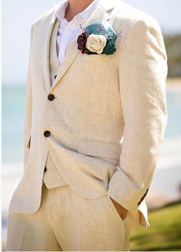 Uomo 3 PC Lino Abiti Da Sposa Due Pulsanti Sposo Smoking Singolo Petto Picco Etichetta Business Suit Casual Wear