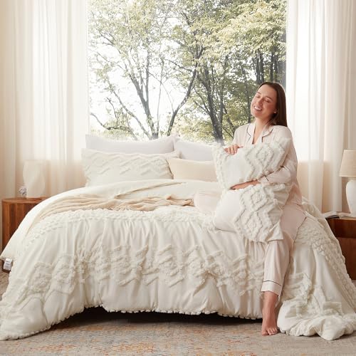 Image of Luxudecor Boho Tufted Comforter Set Queen Size 3 Pieces Ivory White Shabby Chic Comforter Farmhouse Embroidery Bedding Set Soft Comforter for All Seasons (Ivory White, 90''x90'')