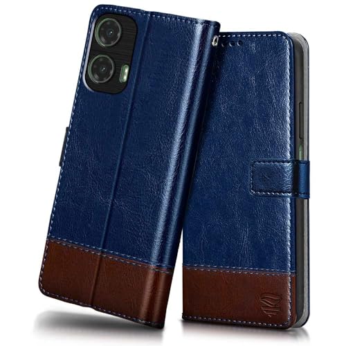 FLIPPED Vegan Leather Flip Case Back Cover for Motorola Moto G35 5G (Flexible, Shock Proof | Hand Stitched Leather Finish | Card Pockets Wallet & Stand | Blue with Brown)