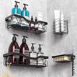 Estanteria Ducha Lidl UUlioyer Estanteria Baño sin Taladros, Estanteria Ducha 4 Piezas, Estante Baño Adhesivo con 14 Ganchos, Estante Ducha para Almacenamiento Champú Gel Ducha Jabonera Ducha (Negro)