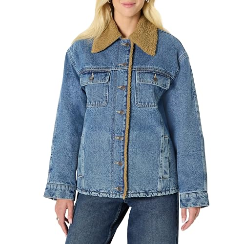 DETTAGLI: bottoni a gambo sulla chiusura frontale, tasche con bottone sul petto, tasche laterali inserite nelle cuciture, tessuto denim con colletto e fodera del corpo in finto shearling, fodera trapuntata nelle maniche per una maggiore libertà di movimento e calore, bottoni regolabili sul polsino