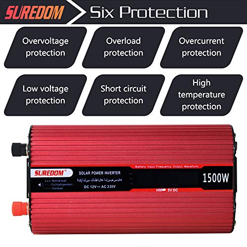 Inversor de corriente 1500W con tomas universales y USB 5