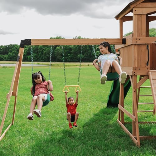 Backyard Discovery Sterling Point Cedar Wood Swing Set with Wave Slide, Raised Clubhouse, Wooden Bridge, Rock Wall, Belt Swings, Web Swing, Trapeze, Balcony, Climbing Wall, Ladder, Outdoor Playset - image 8