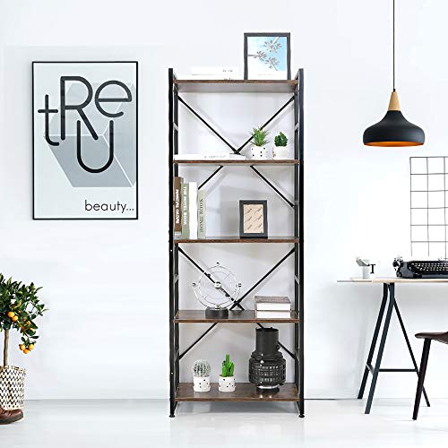Haton Bookshelf, 5-Tier Wood Bookcase with Metal Frames, 5-Shelf Industrial Storage Shelf Organizer, Modern Tall Display Shelf Racks Open Wide Standing Shelving Unit for Home Office Study 62-inch - Thumbnail 2