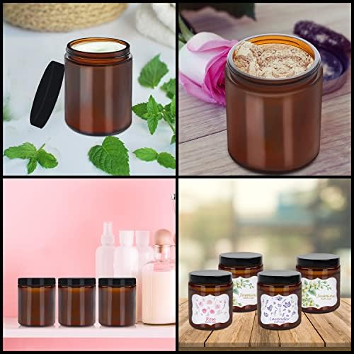 BELLE VOUS Round Amber Glass Jars (8 Pack) - 240ml / 8 oz - Empty Refillable Containers with Black Screw-On Lids - Pot for Cosmetic Storage, Lotion, Face Cream, Essential Oils, Ointment, and Makeup