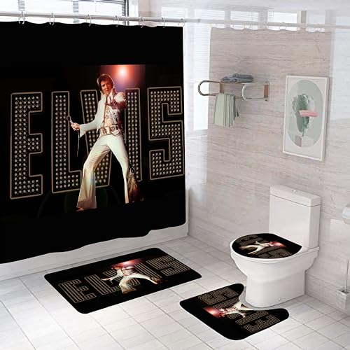 Elvis Bathroom 4 Pieces Set Shower Curtain, Toilet Lid Cover and Bath Mat, Non-Slip Rugs, Durable and Waterproof, for Bathroom Decor Set, 72" x 72" by EDecor - Used condition - US$25.48