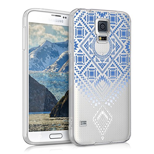 kwmobile Funda Compatible con Samsung Galaxy S5 S5 Neo Carcasa de TPU y Azteca en Azul ClaroBlancoTransparente
