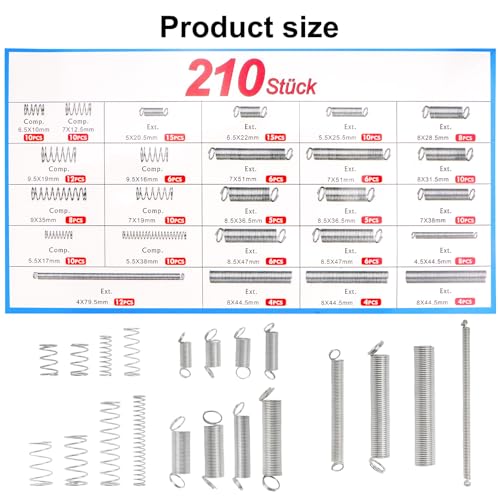 210 Stück Zugfedern Set, Kleine Spiralfedern Druckfedern Sortiment, Edelstahl Metallfedern Set, Springs, Verschiedene Torsionsfeder Set für DIY Reparaturprojekte Automobilreparaturen(20 Größen)