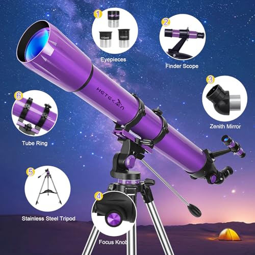Image of HETEKAN Telescope, Telescope for Adults High Powered, 90mm Aperture 1000mm Refractor Telescopes for Beginners, Magnification 500X, with Three Eyepieces, Phone Adapter & Carrying Bag (Purple)