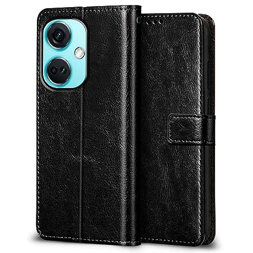 Image of WOW IMAGINE Shock Proof Flip Cover Back Case Cover for 1+ OnePlus Nord CE 3 5G (Flexible | Leather Finish | Card Pockets Wallet & Stand | Black)