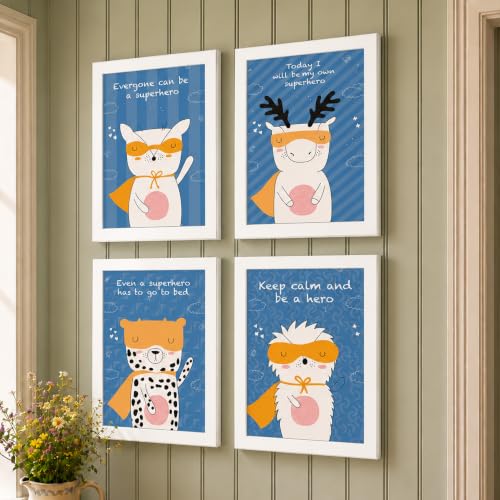 Image of PAINTINGMANTRA Animal Superheroes Colourful Nursery Wall Art Painting for Kids Room Decoration, Cartoon Painting For Home Decor Wall Hanging Decorative gifts, Set of 4, 9x13 Inch