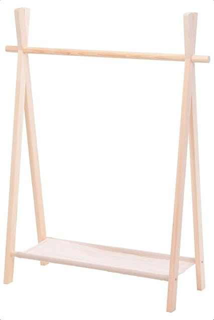 idooka Kids Clothes Rail Childrens Wardrobe Storage, Kids Dressing Up Rail, Neutral Wooden Pine Storage Rail for Girls, Boys and Baby Nursery, with 2 Tier Shoe Rack and Space for Hanging Clothing