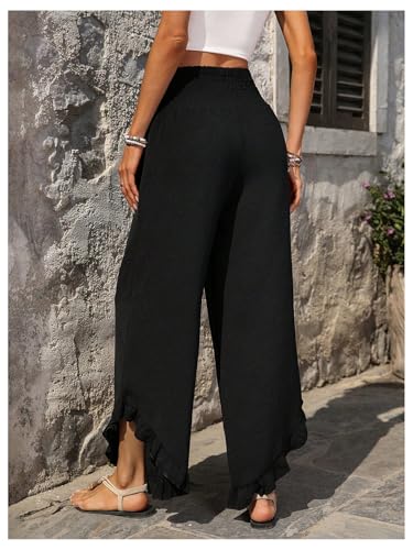 SOLY HUX Women's Pants Smocked High Waisted Wide Leg Ruffle Loose Pants Casual Beach Vacation Trousers2
