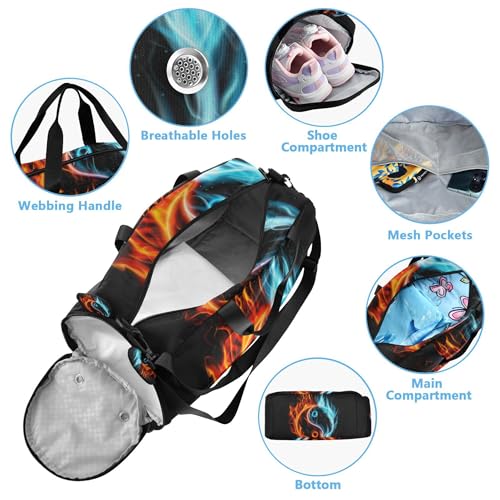 Yin Yang Black Sports Duffle Bag for Girls Boys, Gym Bag with Shoe Compartment, Kids Travel Overnight Weekender Shoulder Bag4