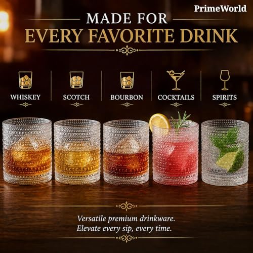 Image of PrimeWorld Whiskey Glass Set of 6 - 300ml | Premium Crystal-Clear Tumblers for Whiskey, Scotch, Bourbon, Cocktails & Spirits | Lead-Free, Heavy Base Old-Fashioned Glasses for Home Bar & Gifting