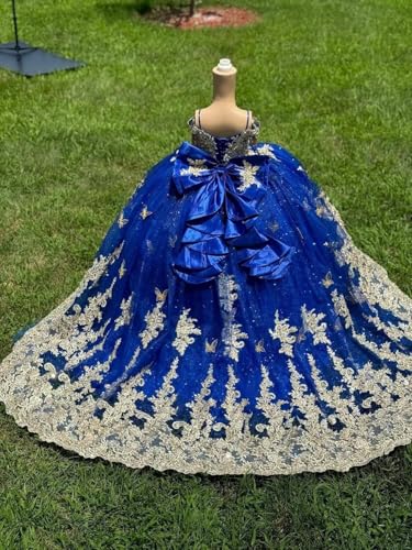 Gold Lace Flower Girl Dress Spaghetti Strap Ball Gown 3D Floral Butterfly Pageant Gowns with Bow-Knot HRY332