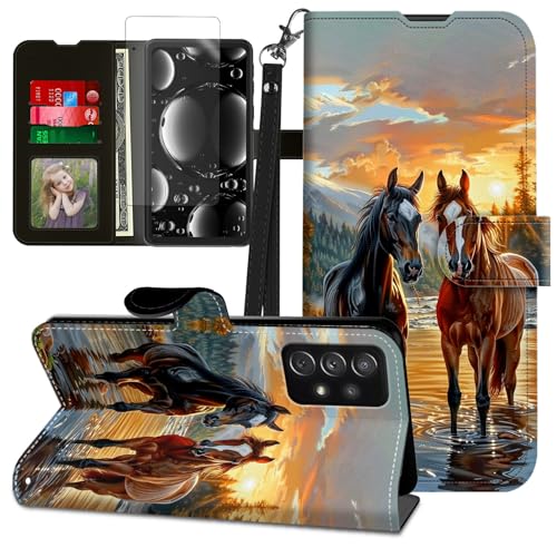 Étui Galaxy A53 5G housse portefeuille en cuir marron motif chevaux avec béquille