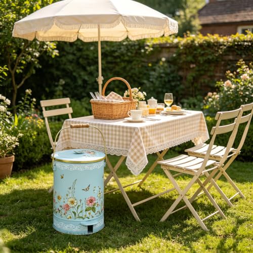 Image of White Floral Metal Step Trash Can with Lid, 8L Vintage Butterfly & Wildflower Decorative Waste Basket with Handles for Bathroom, Bedroom, Kitchen, 14.57 inch x 9.84 inch