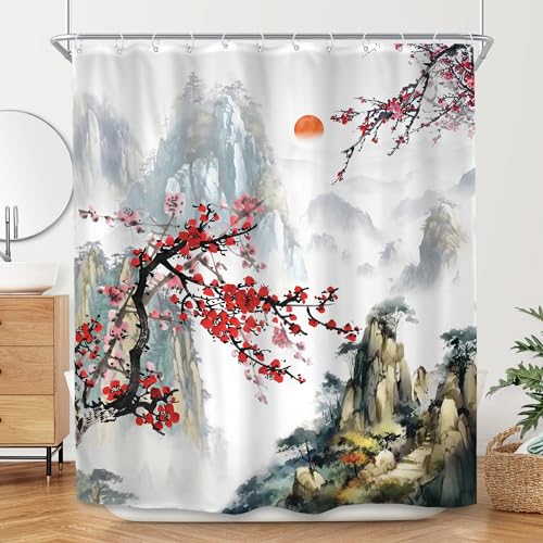 Svbright SVB-SKFFXJ-74307 Japanese Cherry Blossom Shower Curtain 60Wx72L Inch Asian Chinese Mountain Sun Nature Landscape Red Plum Flower Ink 12 Pack Hooks Polyester Waterproof Fabric Bathroom Bathtub Panels cover