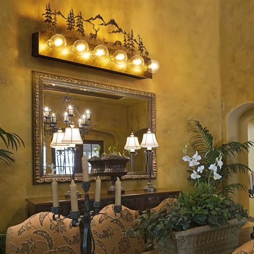 Image of TOCHIC Rustic Bathroom Light Fixtures, 6 Lights Large Farmhouse Bathroom Vanity Light Over Mirror Dimmable, Western Deer Sconces Wall Lighting for Mirror Cabinets, Powder Room, Living Room, 36 inchL