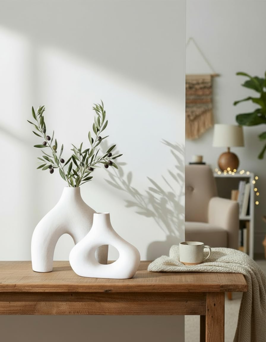 Carrot's Den Donut Vase, 2er Set - Minimalistischer nordischer Stil, weiße Keramikvase Dekor - Tischdekoration Hochzeit, Wohnzimmer, Bücherregal, Schlafzimmer, Büro, moderne Boho Wohnkultur (Warmweiß)