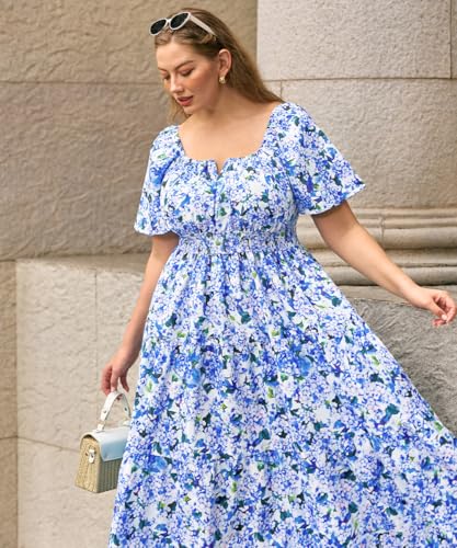 Image of RITERA Plus Size Dresses for Curvy Women Square Neck Short Sleeve Summer Floral Smocked Maxi Dress with Pocket XL-5XL