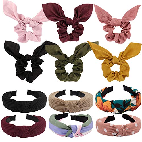 Kicosy 12 Pcs Hair Elastic Bow Scrunchies Rabbit Ear Scrunchies Satin Silk Hair Scrunchies Hair Bow Chiffon striated Ponytail Holder Soft Elegant Elastic Hair Bands for Women (Color 1)