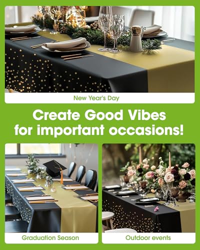 Image of Pureegg Plastic Table Cloth Disposable 8 Pack, 54 x 108 Inch, Table Runner Style, Graduation Decorations 2026, Party Tablecloths, Rectangle, Plastic Cover, Leakproof & Sturdy, Black Gold