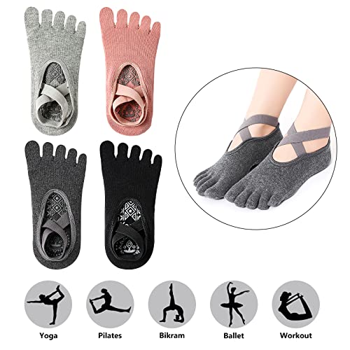 O'woda 4 Paare Damen Yogasocken Zehensocken für Yoga mit Riemen Sticky Damen Yogasocken Rutschfeste Sportsocken mit Gummisohlen Socken für Pilates Ballett Tanz – Bild 6
