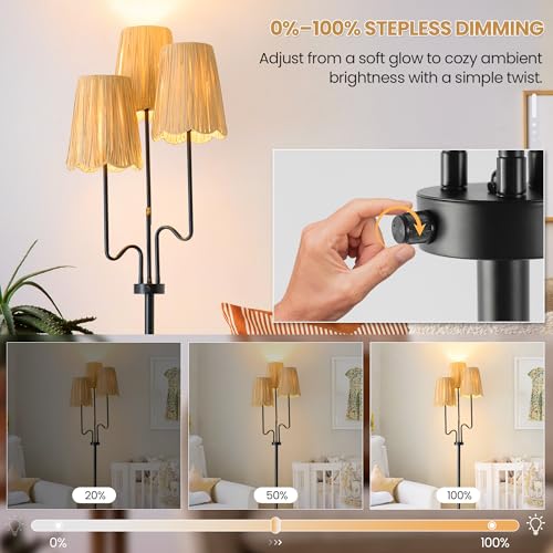Image of Raffia Floor Lamp, 68in. Dimmable Boho Floor Lamps with Natural Raffia Shade, 3-Light Standing Lamp with Weighted Base, Soft Uplight for Living Room, Bedroom, Reading Corner (Dimmable-Raffia Shade)