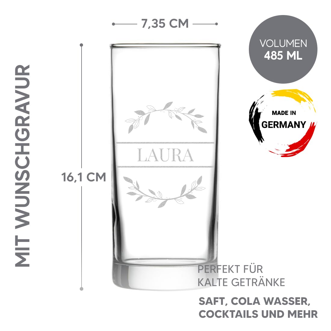 polar-effekt Longdrink Cocktailgläser 6er Set 485 ml mit Gravur - transparente Trinkgläser - Geschenk zum Geburtstag - ideal für Bier, Wasser, Saft und Drinks