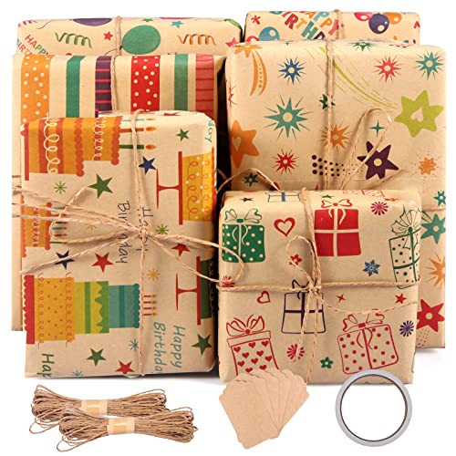 6 Hojas de Papel de Regalo Reciclable para Cumpleaños - 70 × 50 cm Papel de Envolver Kraft - 20m de Cuerda de Yute - 6 Etiquetas - 8m/Rollo Cinta de Doble Cara