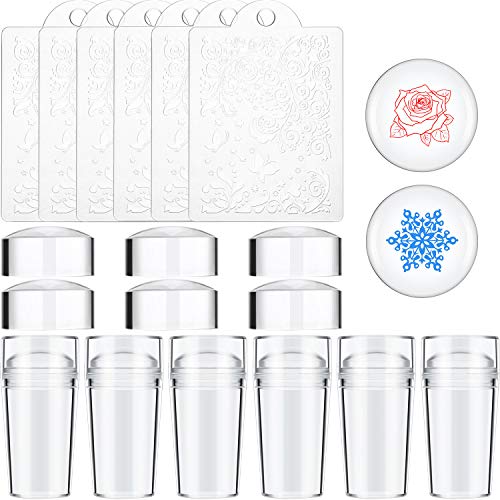 20 Pieces Nail Stamper and Scraper, Include 6 Clear Soft Nail Stamper Transparent Soft Stamper with Rhinestone Cap, 6 Nail Scraper, 8 Silicone Nail Stamper Head for DIY Nail Supply