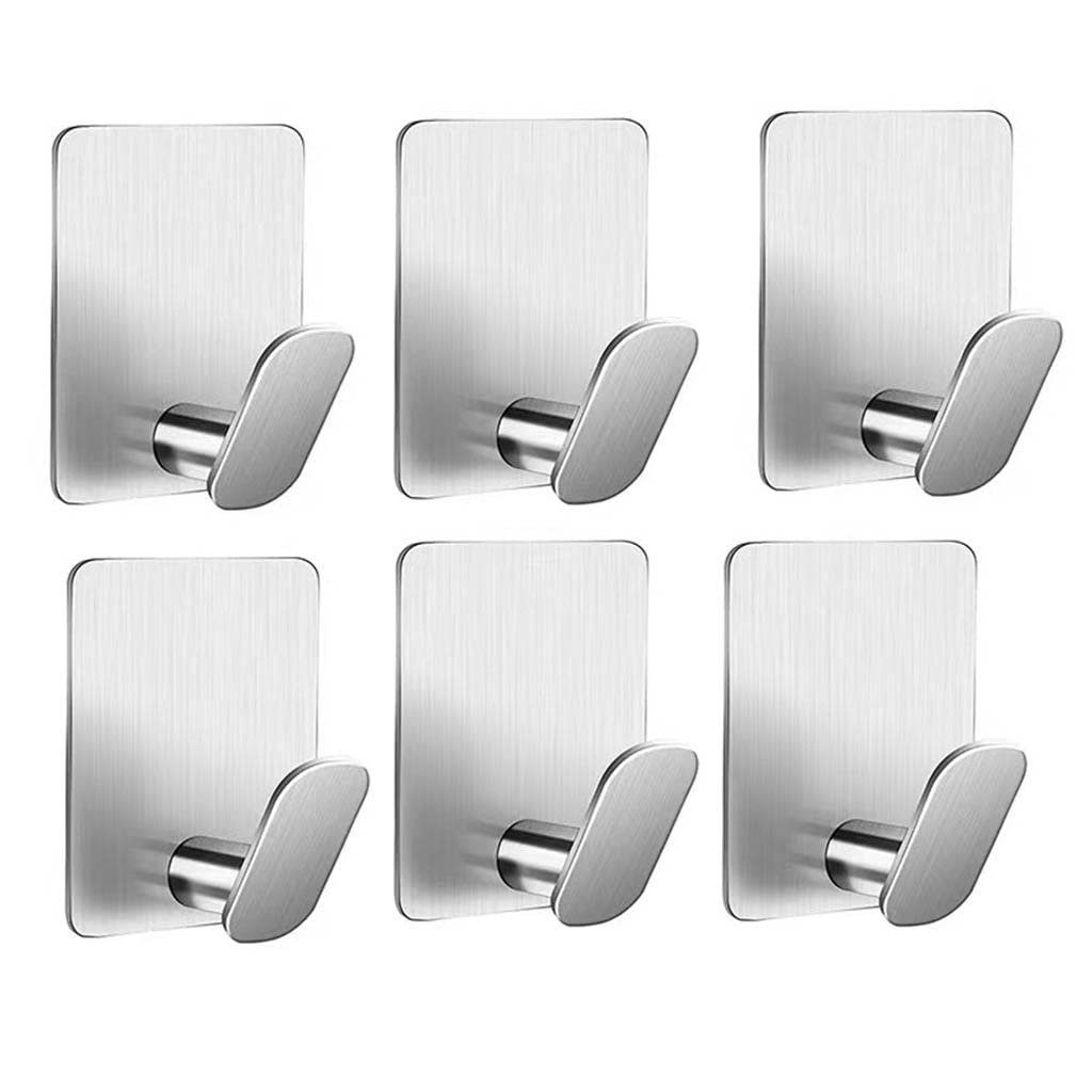 AILIN Adhesive Hooks,6 Pcs 304 Brushed Stainless Steel Towel Hooks,Coat Hook Self-Adhesive Wall Hook,Utility Hooks for Hanging Clothes, Hats, Pants,Shower Ball,Bag,Key,Bathroom or Kitchen