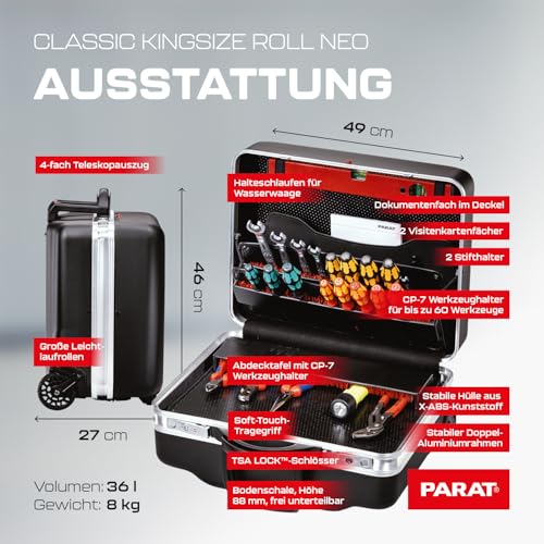 PARAT CLASSIC KingSize Roll neo CP-7 TSA LOCK™ | rollbarer Werkzeugkoffer leer mit Schloss | Für 60 Werkzeuge | Inkl. BASIC Roll-Up Case 8 | Werkzeugkiste mit CP-7 Haltern | 36L Werkzeugtrolley